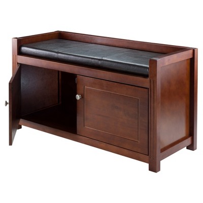Walnut and Espresso Faux Leather Storage Hall Bench with Cushion