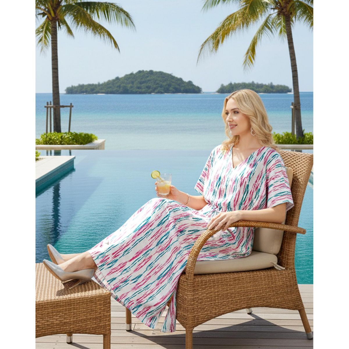 HAPPY BAY Women's Summer Vacation Swimwear Cover Up Beach Bikini Kaftan Regular Fit Beachwear Dress Bathing Suit Caftan One Size Pink Stripe - thumbnail 4