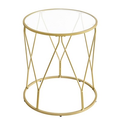 Side Table, Round End Table with Tempered Glass Top, Accent Table with Steel Frame, Modern Glam Style, Greenish Gold