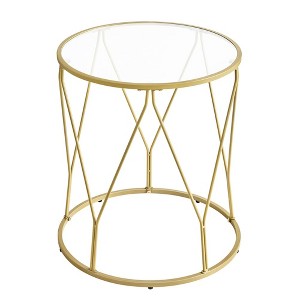 Side Table, Round End Table with Tempered Glass Top, Accent Table with Steel Frame, Modern Glam Style, Greenish Gold - 1 of 4
