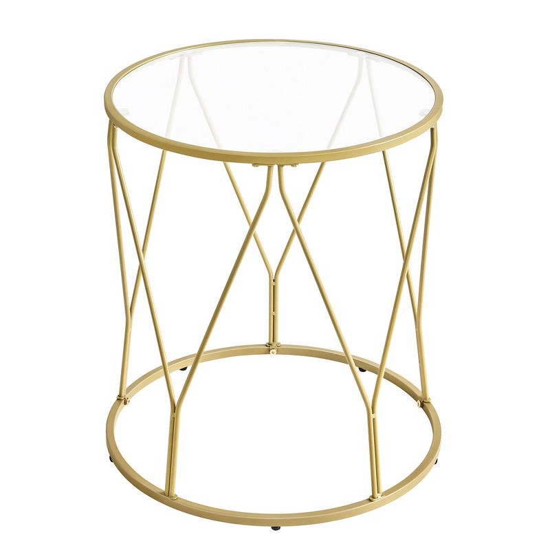 Side Table, Round End Table with Tempered Glass Top, Accent Table with Steel Frame, Modern Glam Style, Greenish Gold, 1 of 12