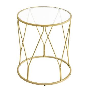 Side Table, Round End Table with Tempered Glass Top, Accent Table with Steel Frame, Modern Glam Style, Greenish Gold