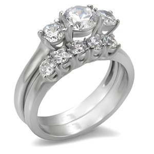 Slickblue Women's 6mm Clear CZ Round Three-Stone Wedding Ring Set - Polished Stainless Steel, No Plating, Size 6-10 - 1 of 4