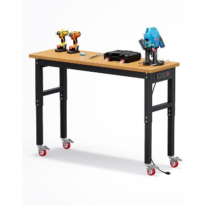60 in Rolling Work Bench, 2200 LBS Capacity Solid Wood Top Garage Workbench, Adjust Height Work Table with Power Outlets, Wheels, Sturdy Steel Frame
