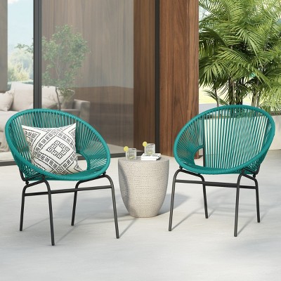 Modern Patio Polyethylene Rattan Trumpet Chair Set of 2,Outdoor Patio Club Chair with Iron Frame,Curved Back Armless Accent Chair-Coolbibila