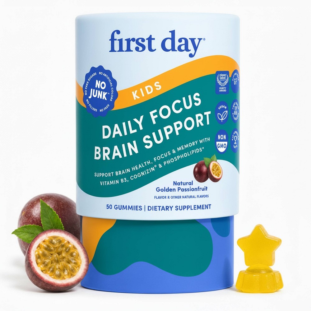 First Day Kids' Daily Focus Brain Support Gummies for Ages 4-12 - Passion Fruit - 50ct