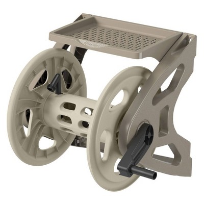 Suncast Beige Plastic Wall-Mounted Garden Hose Reel with Storage Tray, 200 Feet Capacity