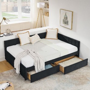 CAVINAS Full Size Bed Frame, Velvet Upholstered Tufted Bed Frame with 2 Drawers, Sofa Bed Frame with Comfortable Backrest and Armrests - 1 of 4