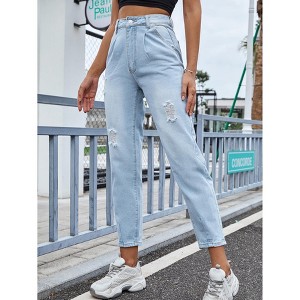 Women's High Waist Ripped Jeans Straight Leg Ankle Length Button Fasten Denim Trousers With Side Pocket - 1 of 4