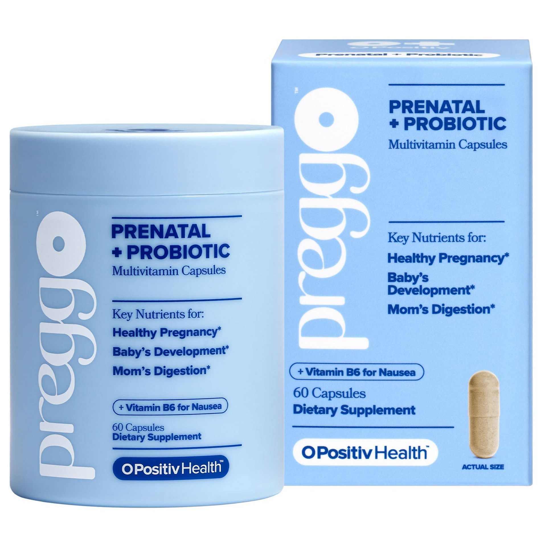 O Positiv PREGGO Prenatal + Probiotic Multivitamin Capsules to Support Baby’s Brain + Bone Health & Healthy Fetal Development - 60ct