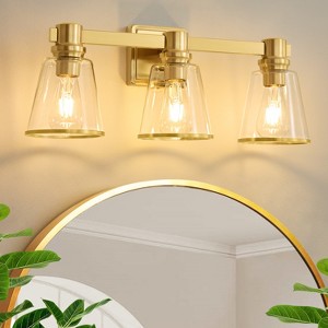 POWLIG 22-in 3-Light Gold Modern Dimmable Vanity Light with Cone Clear Glass Shade Suitable for Bathroom Living Room - 1 of 4