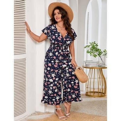 Womens Plus Size Short Sleeve Smocked Waist Wide Leg Summer Jumpsuits