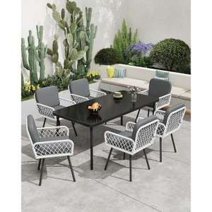 Outdoor Dining Set, Black Metal Table with Tempered Glass Top & 6 Wicker Chairs, Patio Table and Chairs Set with Gray Cushions for Garden, Poolside - 1 of 4