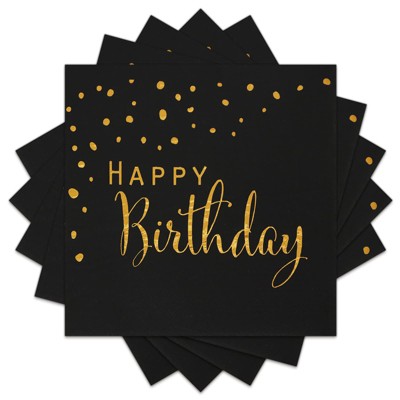 DYLIVeS Happy Birthday Napkins,Black and Gold Foil Dots Napkins Disposable Paper Napkins for Picnic Cocktail Birthday Party Supplies Decorations