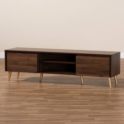 Landen Walnut Brown Wood and Gold Mid-Century TV Stand for 65" TVs