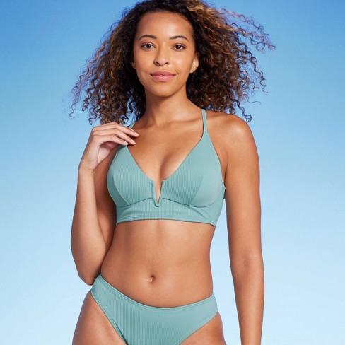 Women's Ribbed Longline V-wire Bikini Top - Shade & Shore™ Green 38dd :  Target