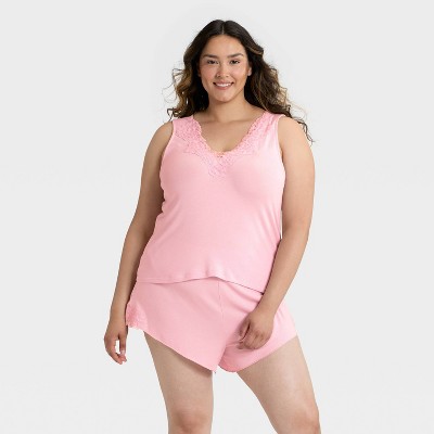 Women's Lace Trim Ribbed Tank Top and Shorts Pajama Set - Auden™