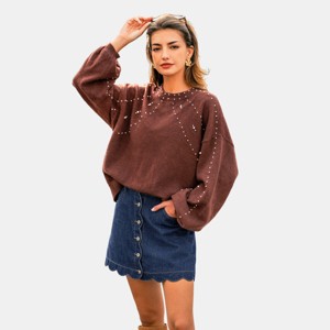 Women's Brown Cozy Embellished Balloon Sleeve Sweater - Cupshe - 1 of 4