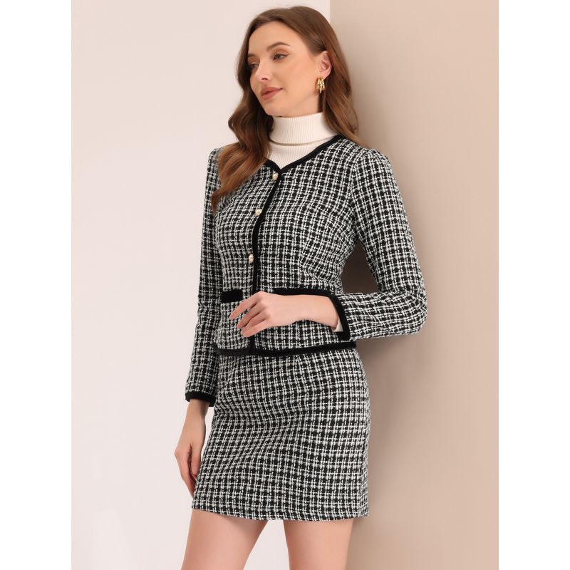 Allegra K Women's Outfits Plaid Tweed Short Blazer and Skirt Suit Set 2 Pieces, 4 of 6