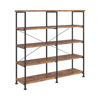 Vynxaria Transitional Minimalist Double-Wide Bookcase 4 Side Shelves, Sturdy Metal Frame, Warm Wood Shelves, Antique Nutmeg & Black