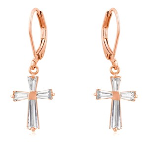 Slickblue Women’s Rose Gold Cross Drop Earrings, 5 Carat Baguette Cubic Zirconia, Lever Back, Classic Style - 1 of 3