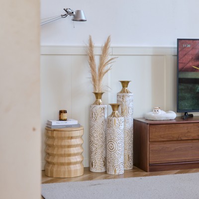 VisioGear Floor Vases, 3-Piece Cylindrical Vases with Funnel Shaped Neck for Living Room, Gold & White, 5.91"*5.91"*32.48"