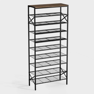 WOWLIVE 6/8/10-Tier Shoe Rack Black Metal with Rustic Brown Wood Top Shelf