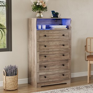 53" Tall 5 Drawer Dresser for Bedroom, Wooden Chest of Drawers with Charging Station, Narrow Nightstand, Living Room Clothing Storage Organizer - 1 of 4