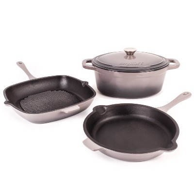 Neo 4pc Cast Iron Set Grill Pan Fry Pan & 3Qt Dutch Oven Oyster