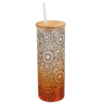 Elanze Designs Sunflower Summer Flower Garden Wrap-Around Design 25 Ounce Frosted Gradient Glass On-The-Go Coffee Travel Skinny Tumbler Mug Cup,