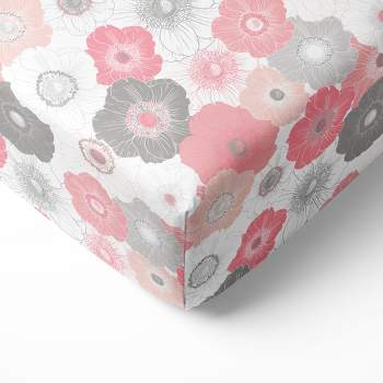 Bacati - Floral Printed Coral Gray 100 percent Cotton Universal Baby US Standard Crib or Toddler Bed Fitted Sheet