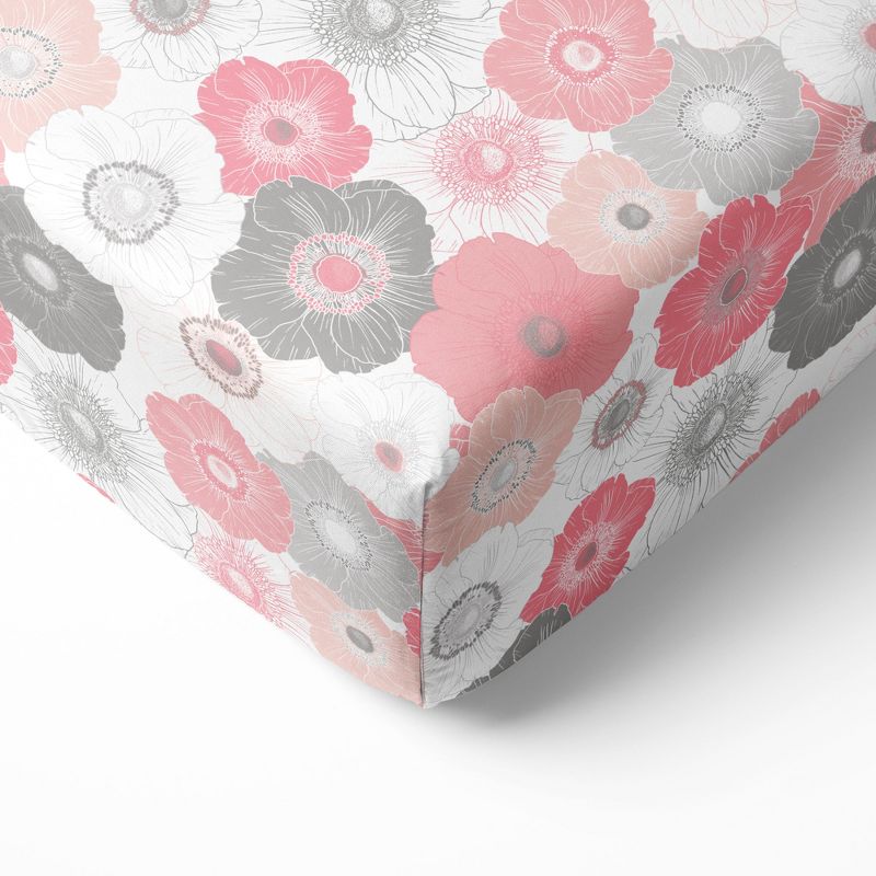 Bacati - Floral Printed Coral Gray 100 percent Cotton Universal Baby US Standard Crib or Toddler Bed Fitted Sheet, 1 of 7