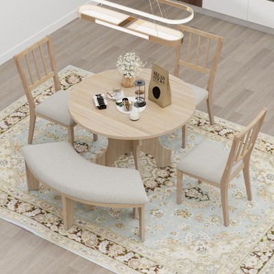 5-Piece Dining Set with Extendable Round Table and 4 Upholstered Chairs,  Natural Wood Wash - ModernLuxe