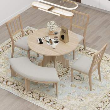 5 PCS Dining Table Set, Round Dining Table with Curved Bench & Side Chairs-ModernLuxe