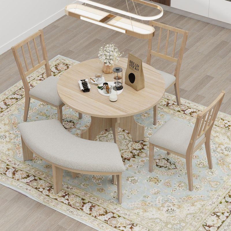 5 PCS Dining Table Set, Round Dining Table with Curved Bench & Side Chairs-ModernLuxe, 1 of 14