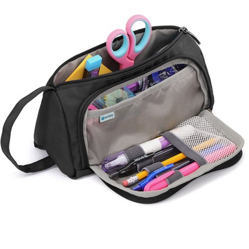 Enday Big Capacity Pencil Case, 3 Compartments Pencil Bags with Zipper,  Black