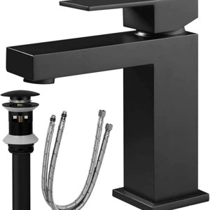 ChicFurnit Bathroom Sink Faucet Solid Brass Single Hole Design with Pop Up Drain and Water Hoses for Trendy Vanities, Black, 15.7"*8.02"*2.9" - 1 of 4