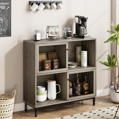 Coffee Bar Cabinet, Rattan Sideboard Buffet Cabinet with Sliding Door, Wood Wine Liquor Cabinet, 4 Storage Cube Display Accent Cabinet