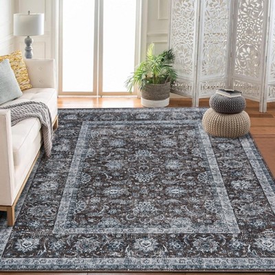 Area Rug for Living Room, Machine Washable Boho Rug for Bedroom, Low Pile Lightweight Thin Floral Vintage Distress Print Pattern Carpet