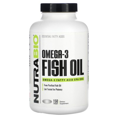 NutraBio Omega-3 Fish Oil, 150 Softgels (1,000 mg per Softgel)