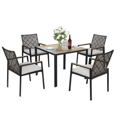 Dolonm All-Weather Patio SetAcacia Wood Table & Rattan Chairs, UV-Resistant for Outdoor Dining