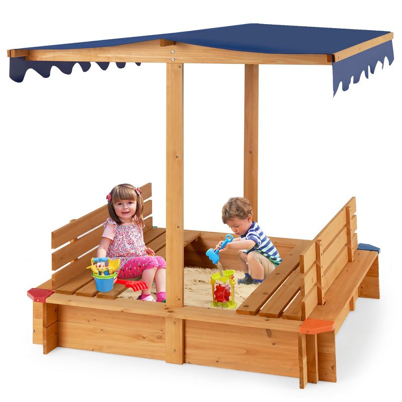Costway Kids Wooden Sandbox w/ Canopy & 2 Bench Seats Bottom Liner for Outdoor, 1 of 11