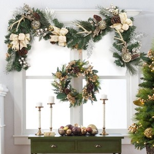 6Ft Christmas Garland with Lights,Prelit Xmas Garland with Gold Ball Ornaments Pine Cones Antlers for Mantle Fireplace Stair Railing Decorations - 1 of 4