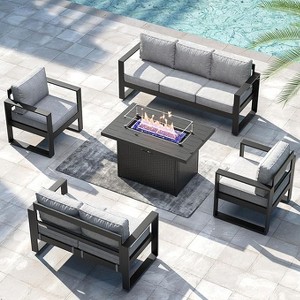 LayinSun 5 Pieces Aluminum Outdoor Patio Furniture Set, Metal Modern Conversation Sofa Set with Fire Pit Table and Washable Thick Cushions - 1 of 4