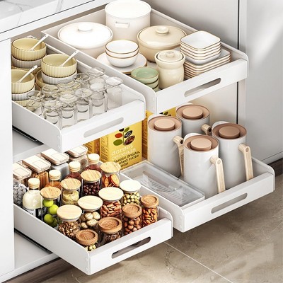 Slide Out Drawer Cabinet Organizer,Carbon Steel Roll Out Shelf Storage, Adhesive Storage Shelves For Kitchen Pantry Bathroom Office White Drawer