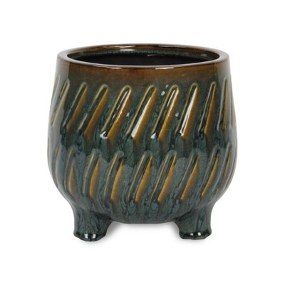 Cheung's Astrona Raised Round Dual Band Diagonal Patterned Ceramic Pot- Large - Dark Copper