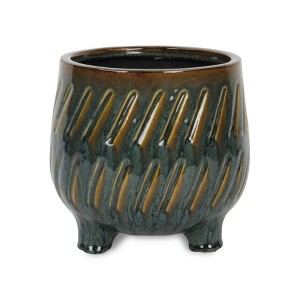 Cheung's Astrona Raised Round Dual Band Diagonal Patterned Ceramic Pot- Large - Dark Copper - 1 of 3