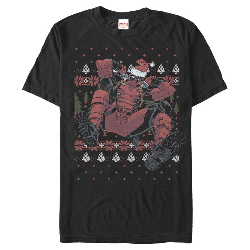Men's Marvel Deadpool Santa Hat Ugly Sweater Holiday T-Shirt, 1 of 5