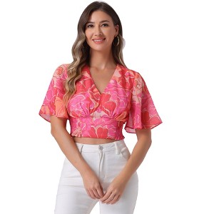 INSPIRE CHIC Women's Floral Flare Short Sleeve V Neck Summer Smocked Crop Tops - 1 of 4