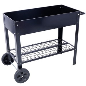 Products Elevated Mobile Raised Ergonomic Metal Planter Garden Bed for Backyard, Patio w/Wheels, Lower Shelf, black - 1 of 4